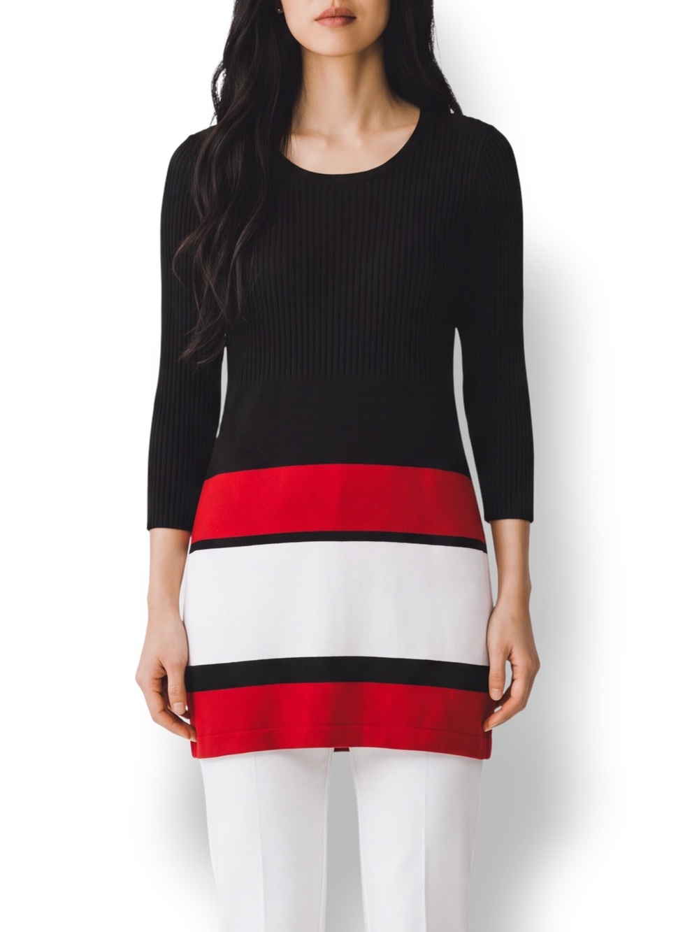 4/$20 Studio One New York Black Red Ivory Colorblock Tunic Sweater Petite Large